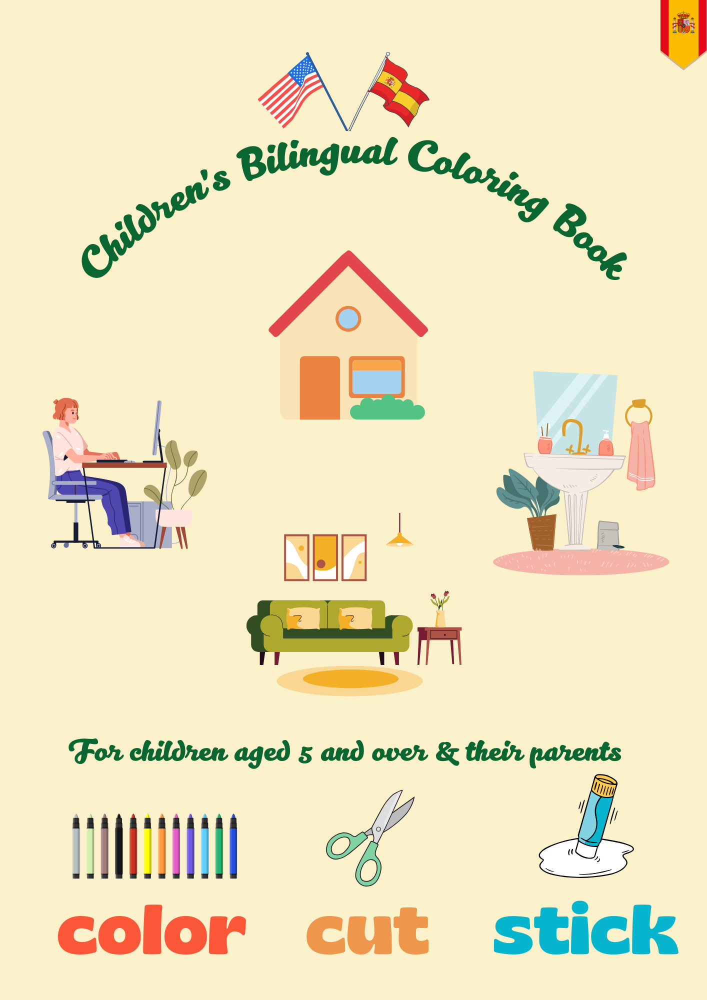 Bilingual Cut And Stick Coloring Book -Household Objects- Es